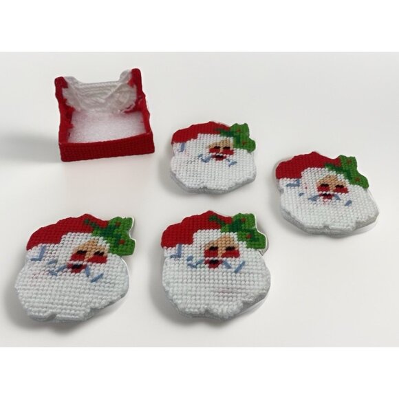 Christmas Plastic Canvas Coasters Set of 4 with Holder Mug Cup Kitsch Retro - Picture 7 of 14